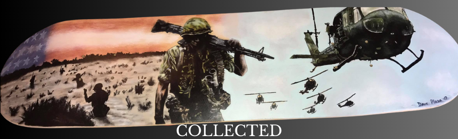 Hand-painted skateboard deck featuring a Vietnam War era military scene, original artwork on wood by Dave Plaza